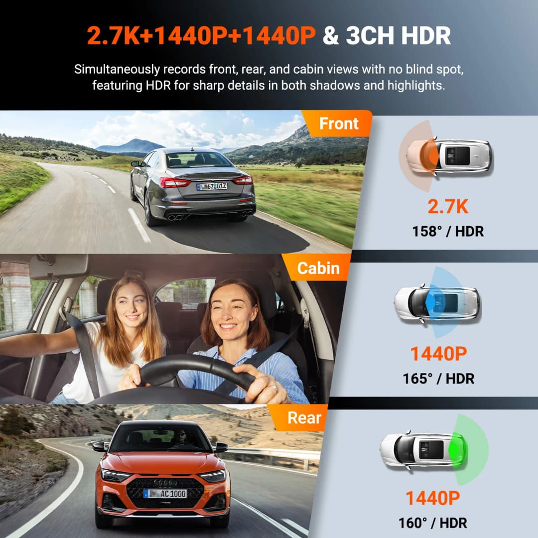 Vantrue N4S كاميرا سيارة بثلاث قنوات واي فاي STARVIS 2 بدقة 2.7K + 1440P + 1440P، كاميرا خلفية مقاومة للماء مع HDR وIR للرؤية الليلية، GPS، وضع التعبئة 24 ساعة - 3