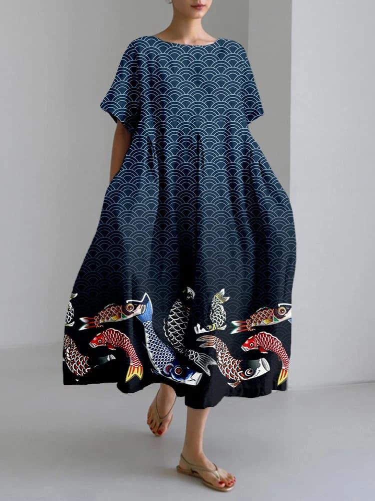 2024 New Women's Round Neck Long Casual Dress Summer Large Size Fresh Fish Print Dress Street Vacation Short-sleeved Dress - 3
