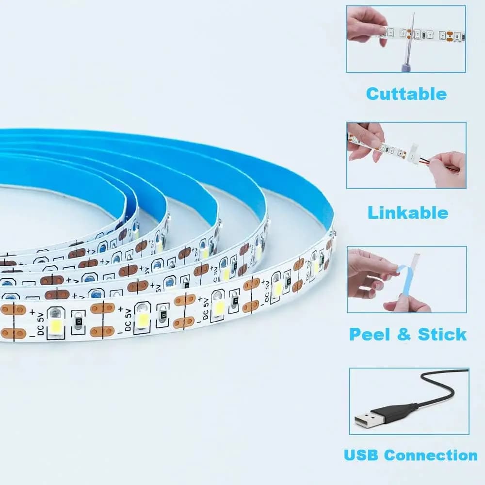 شرائط LED USB 5V، 2835 أبيض دافئ، إضاءة خلفية للتلفزيون، ديكور منزلي، مصباح LED بطول 1-5 متر - 3