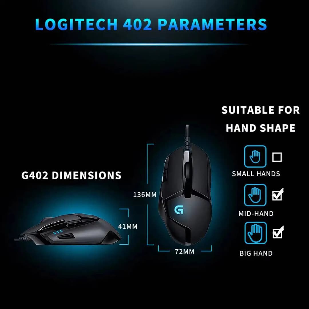 ماوس الألعاب Logitech G402 بتقنية Fusion Engine، 4 إعدادات DPI، معالج 32-بت، مقاوم للانزلاق للألعاب التنافسية الاحترافية - 6