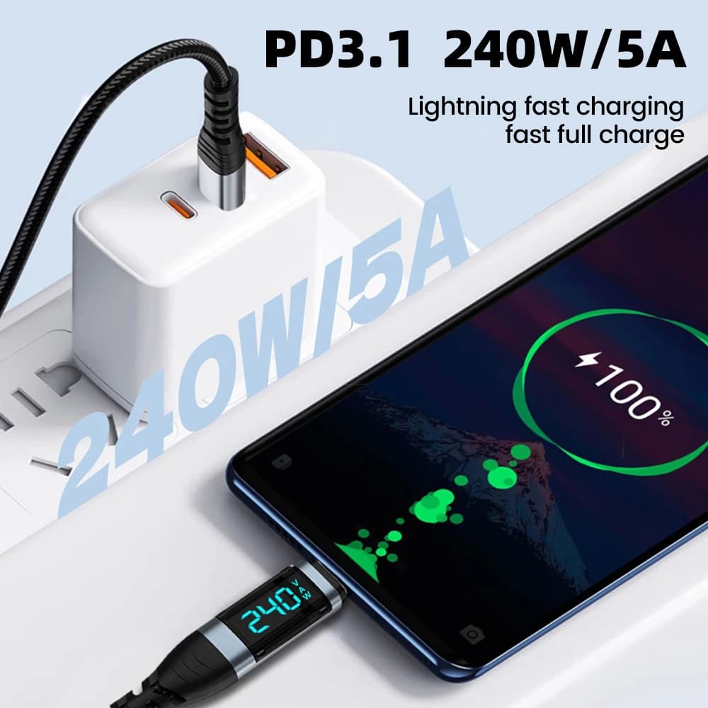 240W Type C to Type C Super Charge Digital Display Cable 0.5m-2m USB C Data Cable For Iphone 15 16 Samsung s24 s23 Huawei Xiaomi - 3