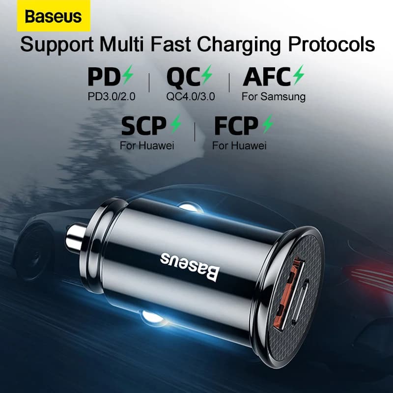 شاحن سيارة Baseus USB شحن سريع 4.0 QC4.0 QC3.0 PPS SCP 5A PD Type C 30 واط، شاحن سيارة سريع لهواتف آيفون وشاومي - 3