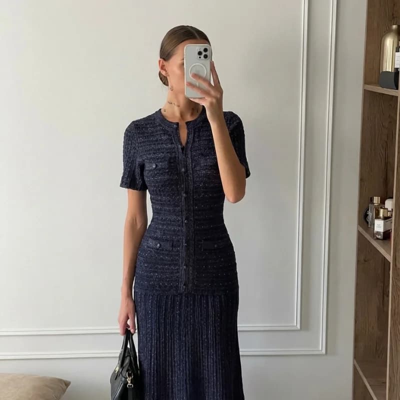Elegant French Sequin Knit Maxi Dress Women Round Neck Cinched Waist Short Sleeve Button Detail Robe Summer Party Evening Gown - 2