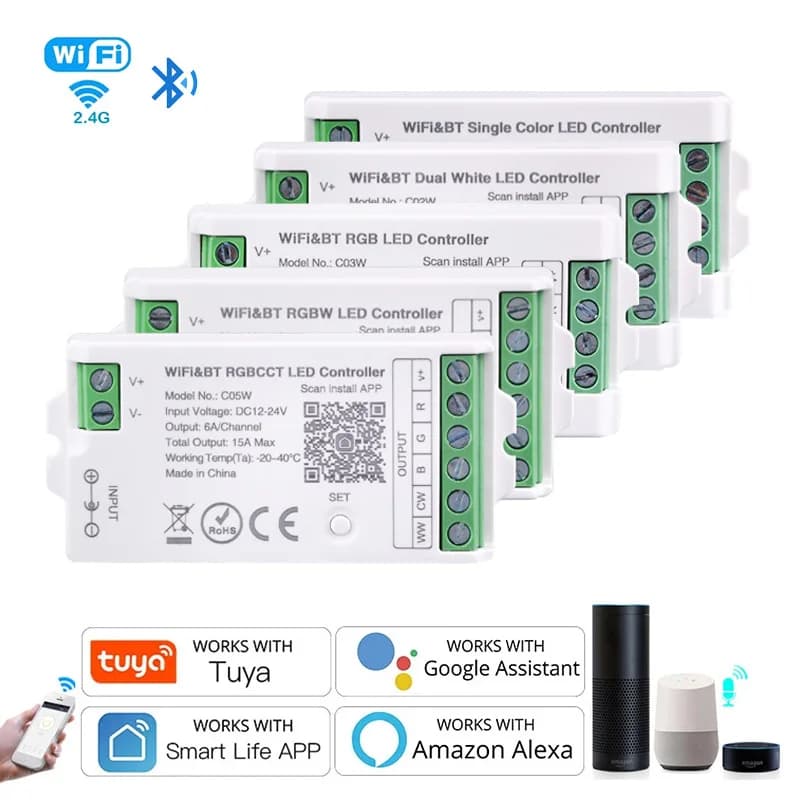 تحكم ليد واي فاي من تيا لأليكسا وجوجل هوم تحكم صوتي RGB RGBW CCT شريط ليد ذكي تحكم بالتطبيق BT RF عن بعد 2.4G DC12V-24V
