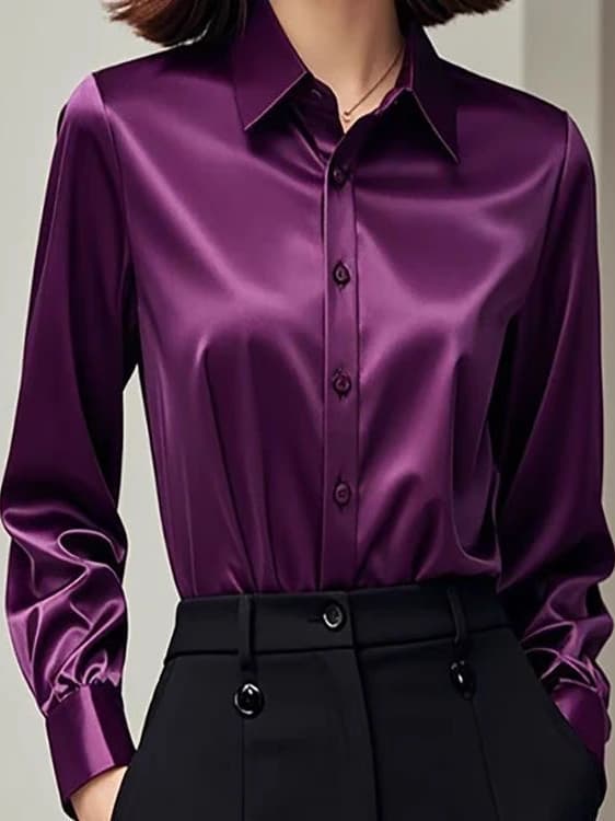 قميص حرير طويل الأكمام أنيق للنساء لمقابلة العمل طبقة أساسية رسمية ملابس عمل - 4