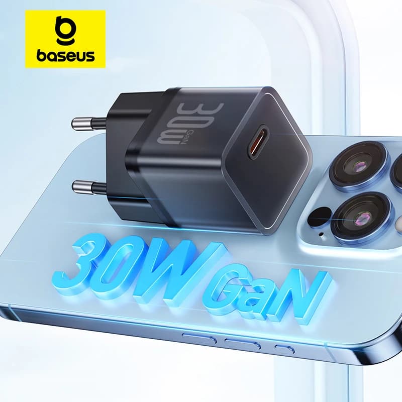 شاحن Baseus 30W GaN شاحن هاتف لجهاز iPhone 16 15 14 13 12 Pro Max شاحن USB C يدعم PD QC PPS شحن سريع للكمبيوتر المحمول