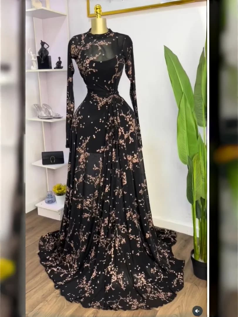 فستان طويل نسائي طويل الأكمام GLCMYAYA ياقة دائرية فتحة عالية فستان ماكسي أنيق - 2