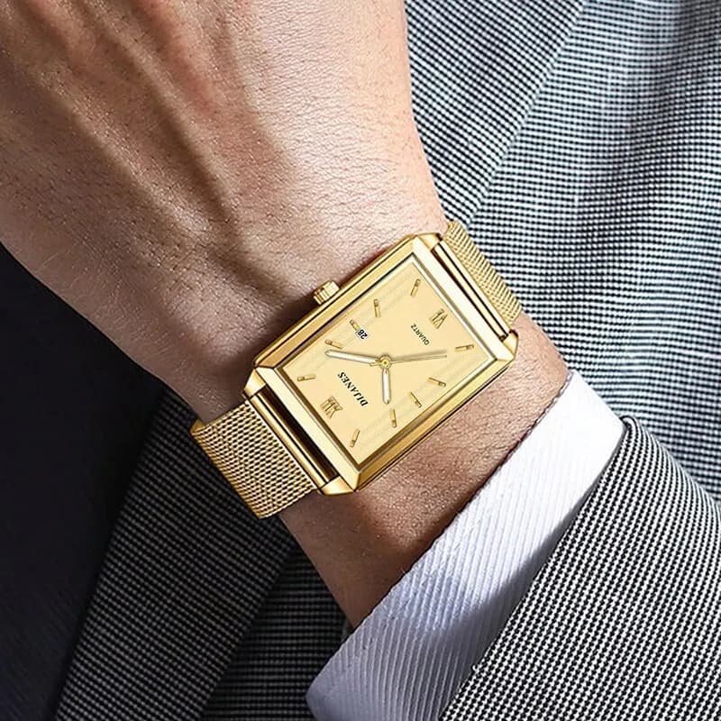 ساعة رياضية رجالية فاخرة ذهبية رقيقة جداً من الفولاذ المقاوم للصدأ مع حزام شبكي - 6