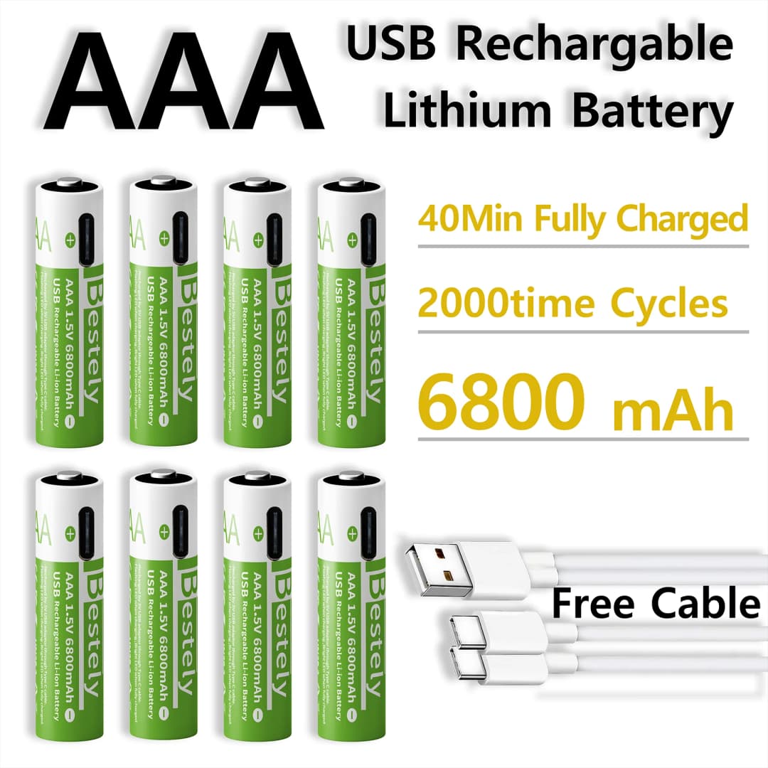 بطاريات ليثيوم أيون AAA 6800mAh 1.5 فولت بطاريات ليثيوم أيون AAA عالية السعة وقابلة لإعادة الشحن بطارية ليثيوم أيون تدوم طويلاً مع كابل شحن سريع USB-C