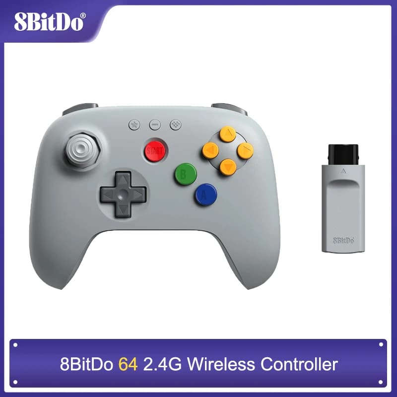 وحدة تحكم لاسلكية 8BitDo N64 2.4G لأجهزة N64 الأصلية / Analogue 3D / ويندوز بي سي، ذراع تحكم كلاسيكي بزمن وصول منخفض (رمادي)