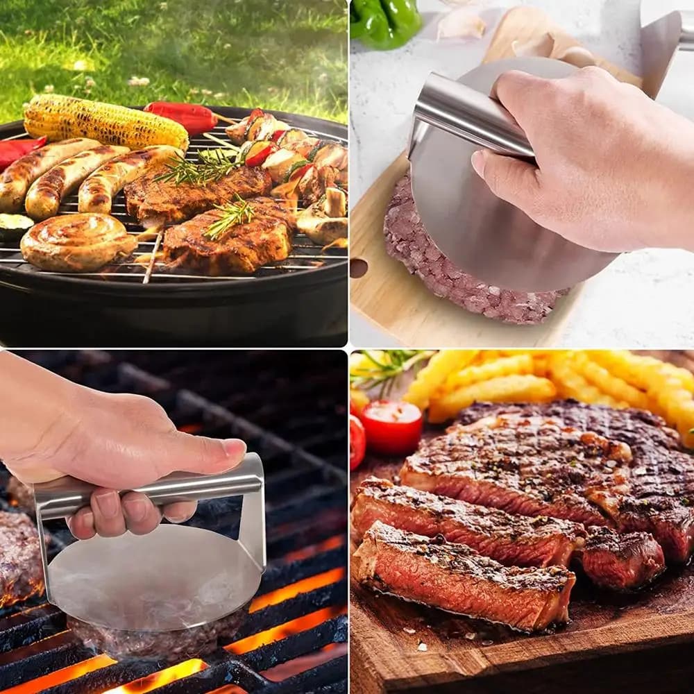 صحافة برغر من الفولاذ المقاوم للصدأ، قالب لحوم دائري، مثالية لتحضير الهمبرغر، اكسسوارات مطبخ عملية - 6