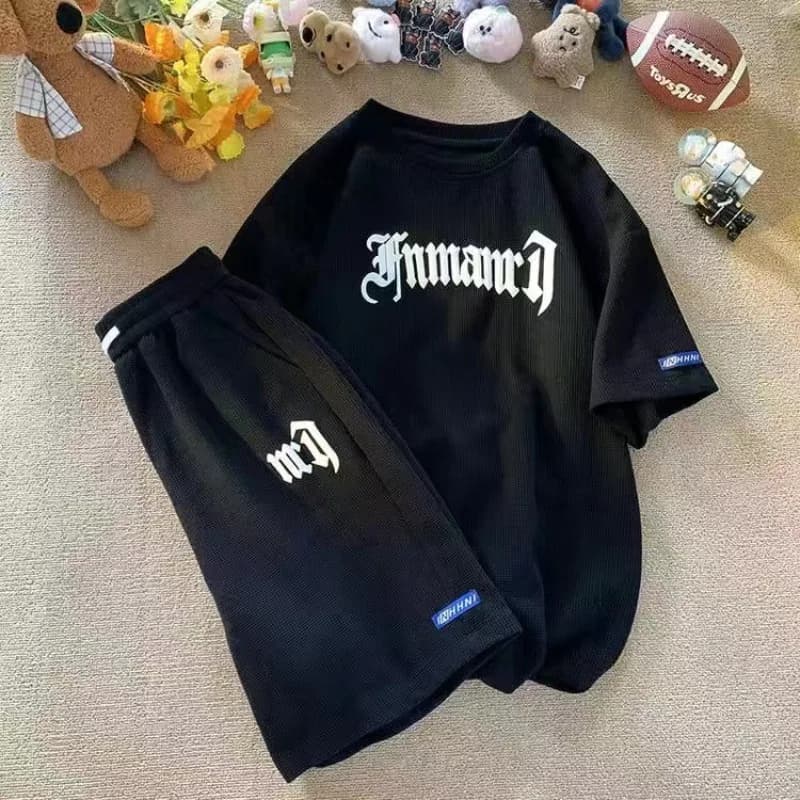 Cross-border Waffle Casual Summer Ice Silk Short-sleeved Sports Clothes Set Men's T-shirt Men's Clothing Set Matching - 2