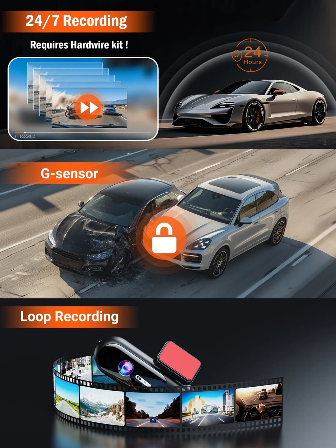 كاميرا داش للسيارات 4K UHD مع تسجيل أمامي وخلفي، HDR، رؤية ليلية، واي فاي مدمج، ومراقبة وقوف السيارات 24 ساعة عبر التطبيق - 6