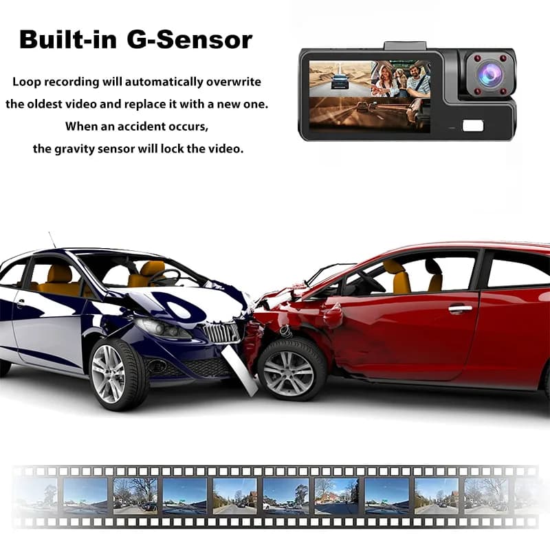 كاميرا سيارات بثلاث قنوات: 1080P أمامية، 720P داخلية/خلفية، مسجل فيديو مدمج، زاوية عريضة 170°، رؤية ليلية، ومراقبة مستمرة 24/7 - 4
