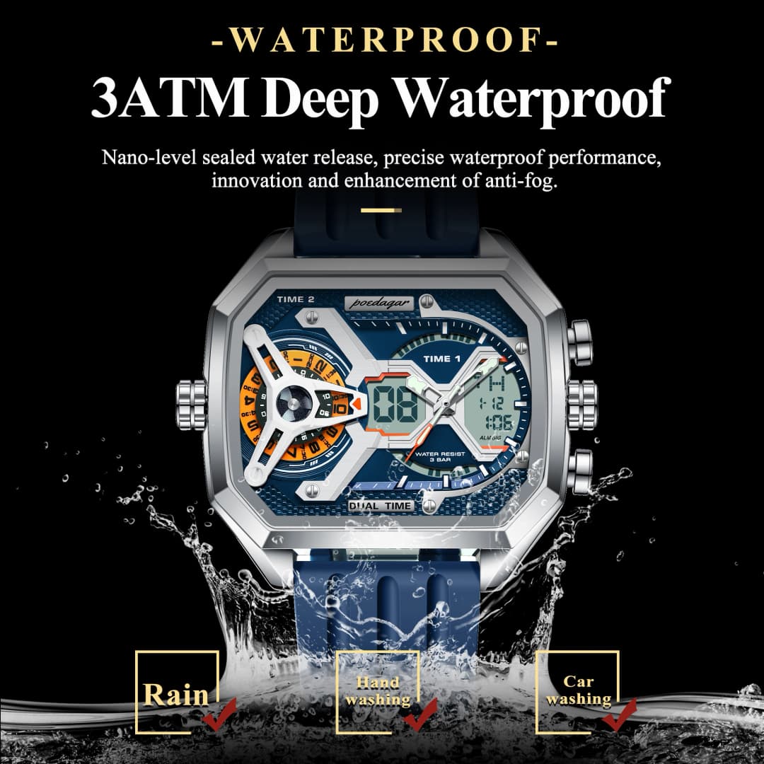 POEDAGAR Top Luxury Men Clock LED Calendar Week Luminous Man Wristwatch Electronic Rectangle Silicone Strap Quartz Men's Watches - 3