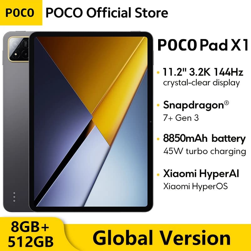 جهاز POCO PAD X1 الإصدار العالمي، 8 جيجا رام، 512 جيجا روم، شاشة 11.2 بوصة، دقة 3.2K، معدل تحديث 144 هرتز، معالج Snapdragon 7+ Gen 3، Wi-Fi 6E، بطارية 8850 مللي أمبير