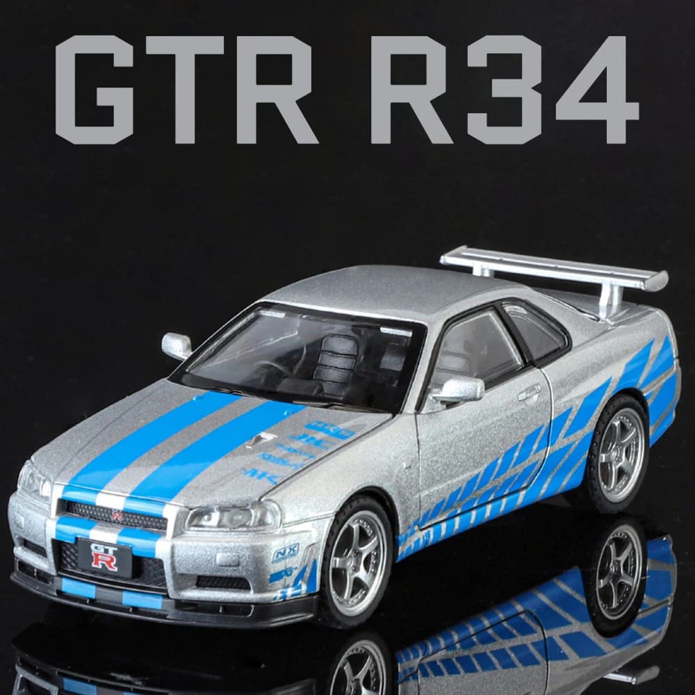 نموذج سيارة SKYLINE GTR R34 مقياس 1:32، معدن مصبوب مع موسيقى وإضاءة وأبواب قابلة للفتح
