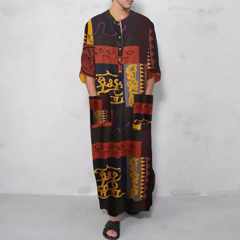 Men's Muslim Long Sleeve Cotton Striped Robes Islamic Arabian Kaftan Suit Middle East Dubai Abaya Retro Spring Clothing 2025 New - 4