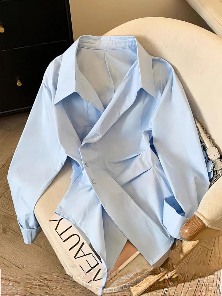 قميص بولو طويل الأكمام غير منتظم للسيدات، تونيك أبيض أنيق، بلوزة أساسية، ملابس عمل عصرية