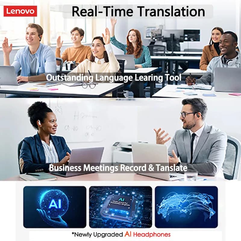 سماعات أذن لينوفو LP75 مع ترجمة لغات، مكالمات HD، إلغاء الضوضاء، سماعات رأس للتعلم والسفر، ترجمة في الوقت الفعلي - 3