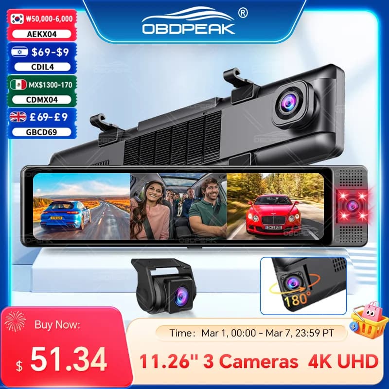 كاميرا لوحة قيادة OBDPEAK 3 بعدسات ثلاثية 4K، أمامية وداخلية وخلفية 1080P، مع GPS، رؤية ليلية، تسجيل فيديو، ومراقبة عند الوقوف