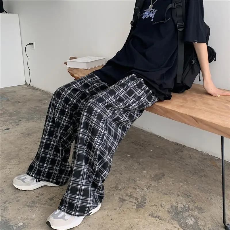 Oversize Pants Women Sweatpants Summer Fashion Black Plaid Casual Pants Elastic Waist Casual Pockets Student Unisex Trousers - 4