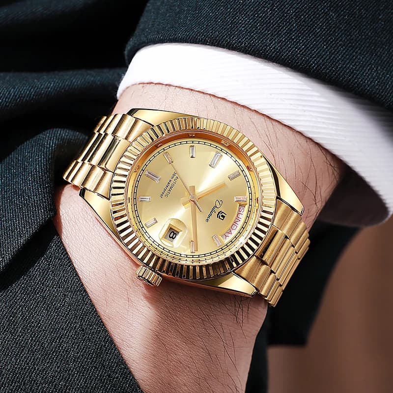 ساعات أعمال رجالي ماركة فاخرة تقويم أسبوع ساعة ميكانيكية أوتوماتيكية رجالي مقاومة للماء ذهبية ستانلس ستيل - 4