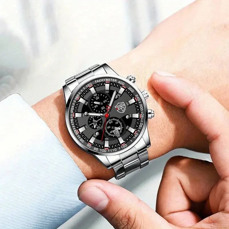 3PCS DEYROS Fashion Mens Calendar Watches Luxury Male Stainless Steel Quartz Wristwatch Men Bracelet Necklace Wrist Watch - 6