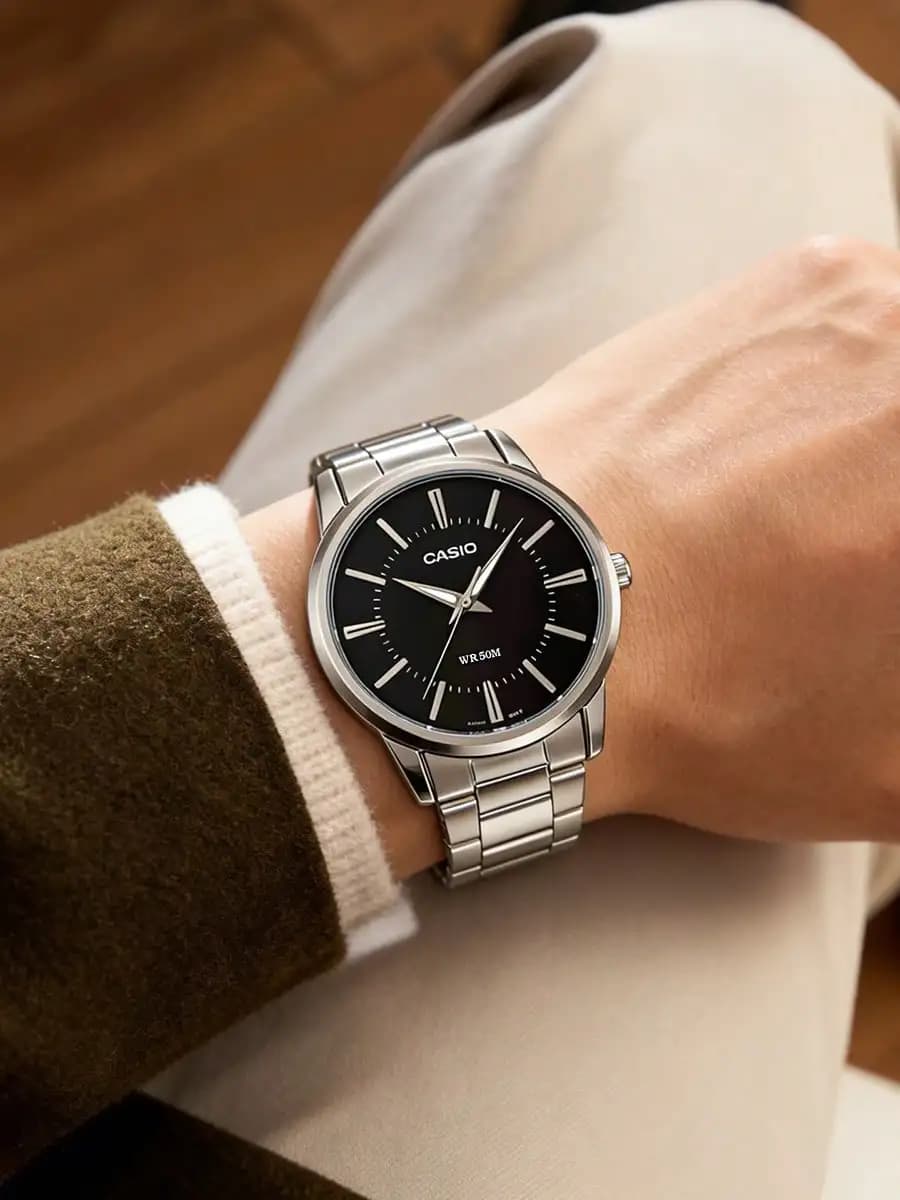 CASIO Men's Minimalist Analog Watch Stainless Steel Band Black Dial Quartz Watch Business Casual Timeless for Office Daily Gift - 2
