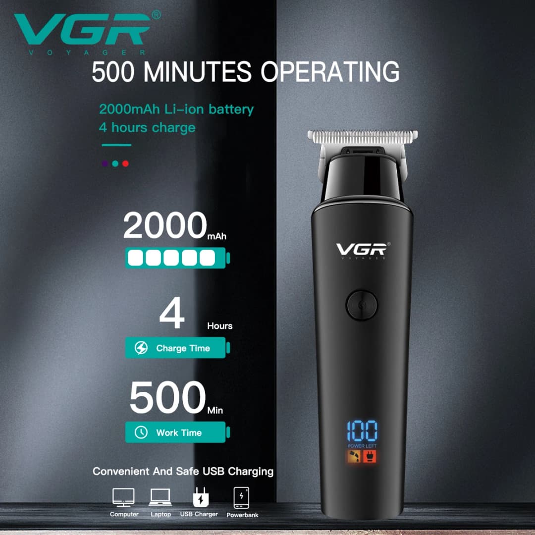 ماكينة تشذيب شعر VGR احترافية، كهربائية لاسلكية، قابلة للشحن مع شاشة LED موديل V937 - 4