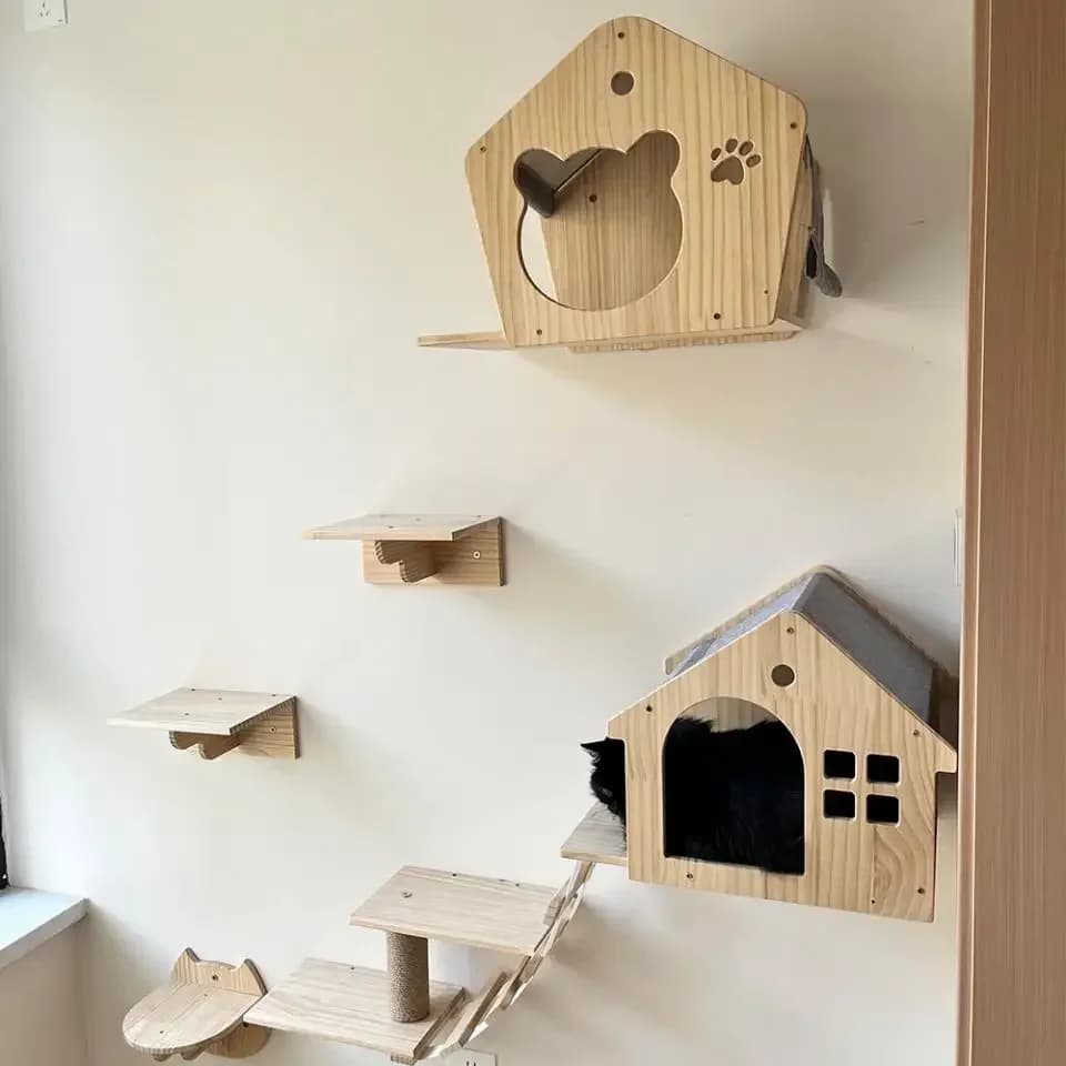 Wooden Cat Climbing Shelves Wall Mounted Cat Tree Sisal Scratching Post Pedal Hammock Indoor Kitten Playground Cats Accessories - 6