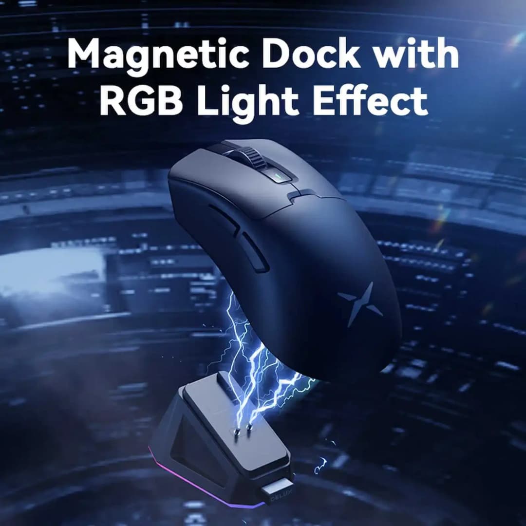ماوس ألعاب لاسلكي مريح Delux M900Pro بدقة 8K مع مستشعر PAW3395 وقاعدة شحن مغناطيسية بإضاءة RGB وماوس سلكي قابل لإعادة الشحن مناسب للأيدي الكبيرة لأجهزة الكمبيوتر - 3