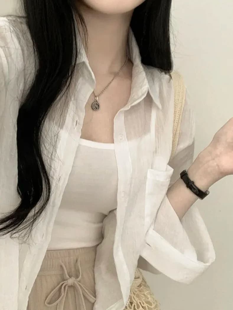 Summer New Ice Cream Color Loose Long Sleeve Women's Shirt Sun Protection Folded Design Commute Style Thin Material Pure Color - 4
