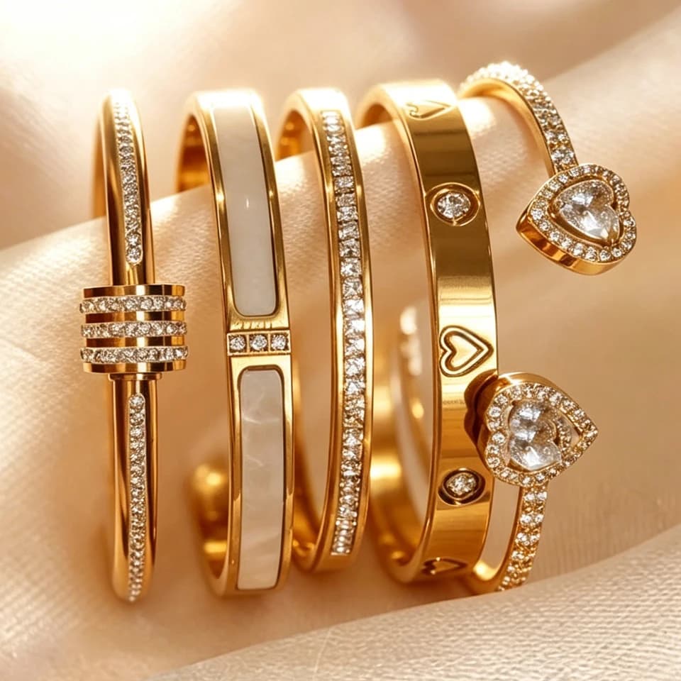 Yupsk 1/3pcs 18K Gold Plated Stainless Steel Heart Bracelet Set Fashion Zirconia Open Bangle Women's Bracelet Set For Daily Wear