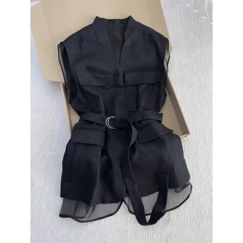 Korean Summer 2025 Black Sleeveless Vest Tops for Women V Neck Slim Waist Mesh Patchwork Shirt Elegant Office Casual Waistcoat - 2