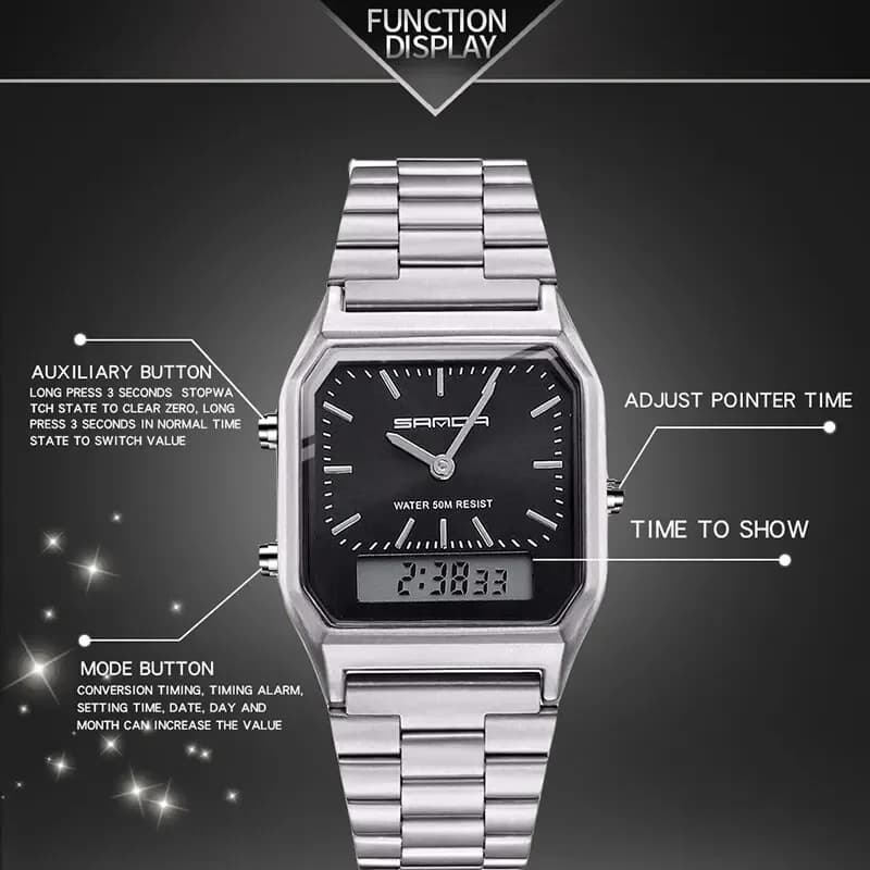 SANDA P747  Watch Luxury Mens Style Watches Stainless Steel Women LED Digital Dual Display Clock Unisex Waterproof Sports Quartz - 6