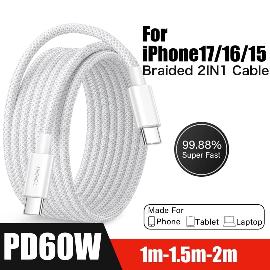 سلك كابل شحن USB C إلى USB C بقدرة 60 وات طويل لهاتف iPhone 16 15/16 15Plus/16 15Pro/16 15Pro Max، iPad Pro/Air/Mini، Galaxy