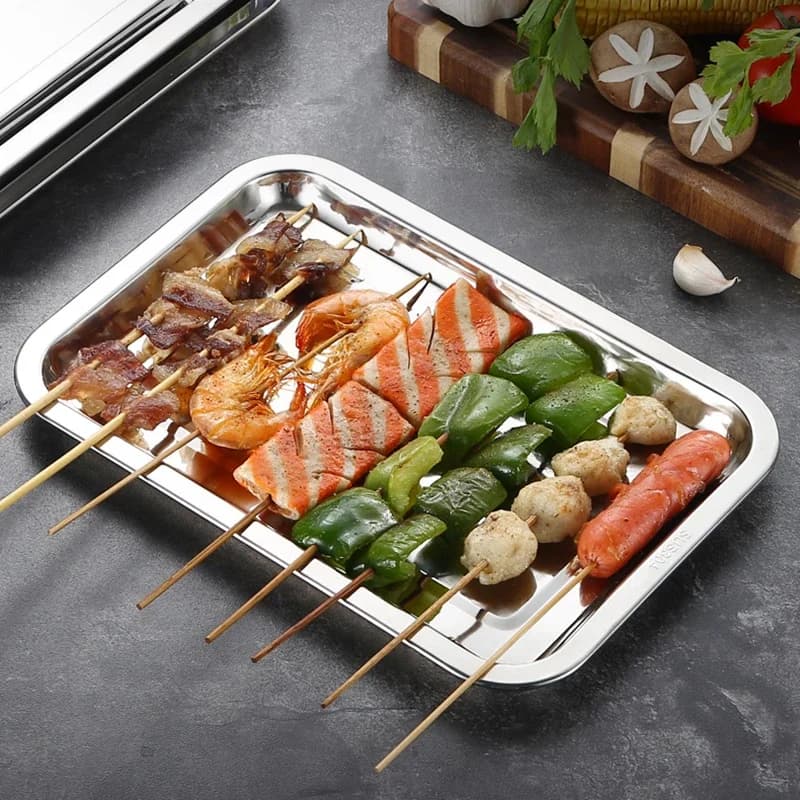Stainless Steel Barbecue Tea Storage Serving Trays Rectangle Steamed Rice Sausage Plate Grill Meat Restaurant Metal Utensils - 4