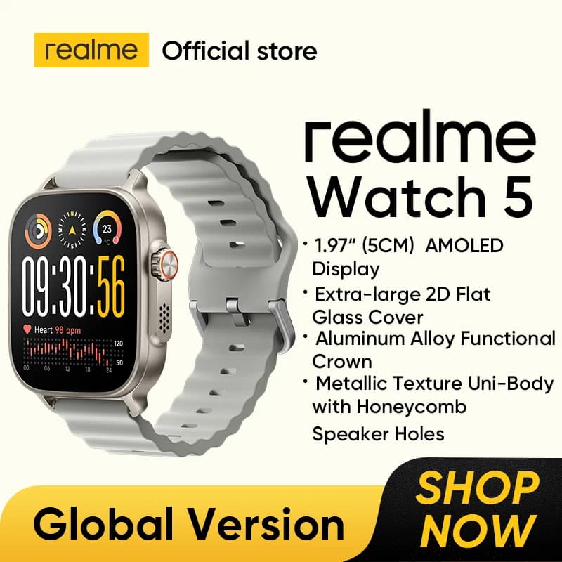 ساعة realme Watch 5 الذكية الإصدار العالمي شاشة 1.97 بوصة AMOLED مراقبة الرياضة والصحة عمر بطارية 14 يوم IP68 بلوتوث 5.3