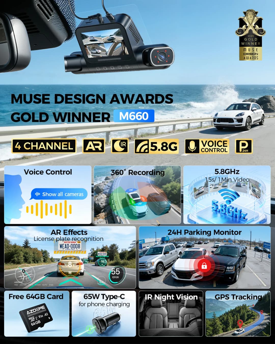 كاميرا لوحة القيادة AZDOME M660 بدقة 2.5K+3*1080P مع 4 قنوات وGPS وواي فاي 5G مدمج وذاكرة 128 جيجابايت وتحكم صوتي ومراقبة على مدار 24 ساعة ورؤية ليلية فائقة - 2