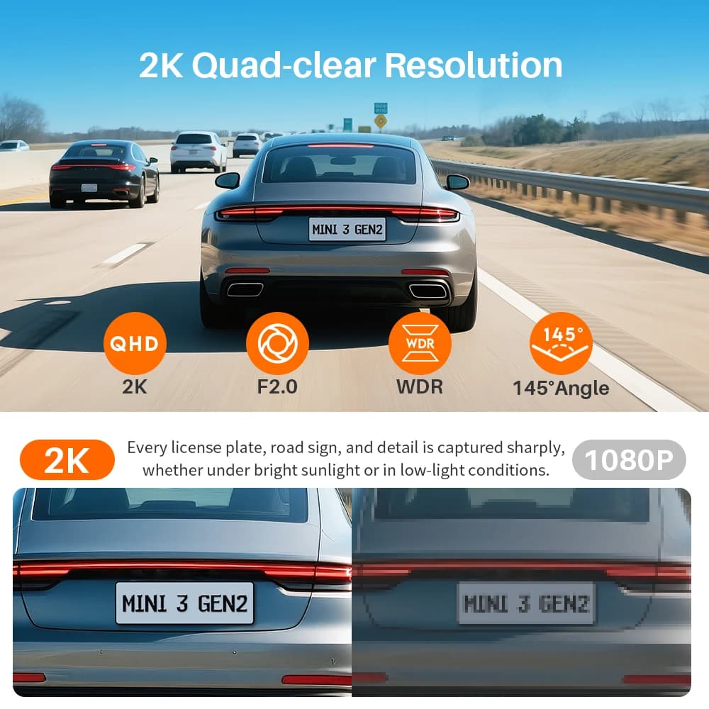 كاميرا سيارة KAWA MINI 3 Gen2، مسجل فيديو للسيارة، كاميرا DVR بدقة 2K مع واي فاي وتحكم عبر التطبيق/الصوت، رؤية ليلية محسنة - 2