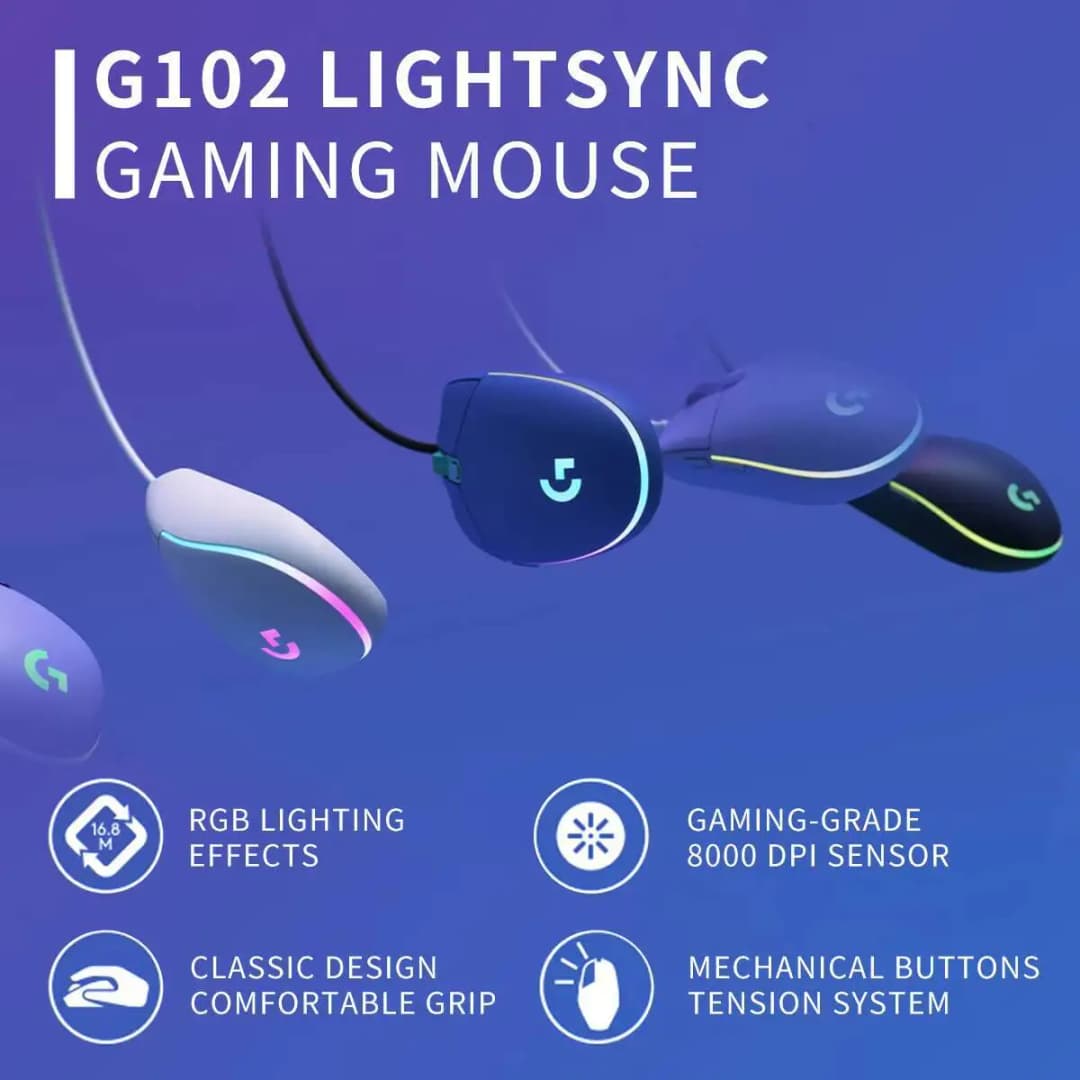 ماوس Logitech G203//G102 سلكي للألعاب 200-8000 نقطة في البوصة إضاءة LIGHTSYNC RGB 6 أزرار استجابة 1 مللي ثانية كابل 2.1 متر ماوس G402 - 2
