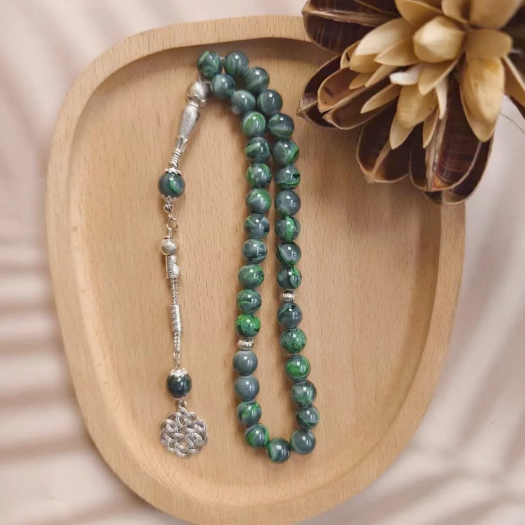 Daily Wear Green Glass Large Flower Bead Bracelet Arab Style Single Stem 33pcs 10mm Chinese Knot Unisex Handmade Bracelet - 3