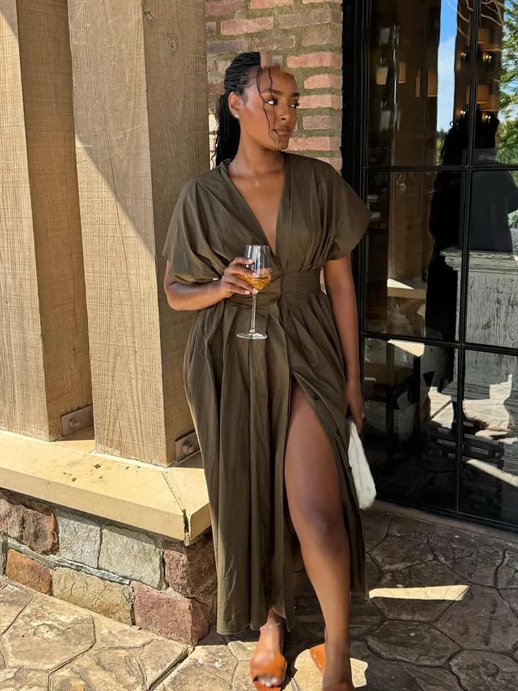 فستان صيفي طويل من HH، رقبة V، أكمام قصيرة، رباط دانتيل، تصميم أنيق وعصري - 6