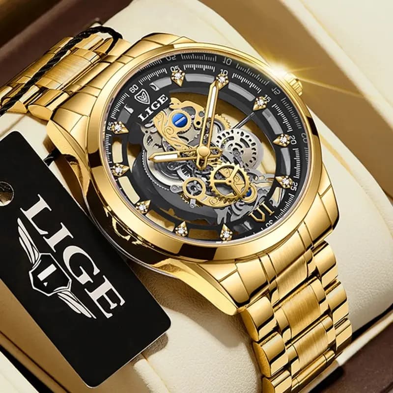 LIGE New Men Watch Skeleton Quartz Wristwatch Gold Skeleton Retro Man Watch Top Brand Luxury Clock Mens Watches Reloj Hombre - 6
