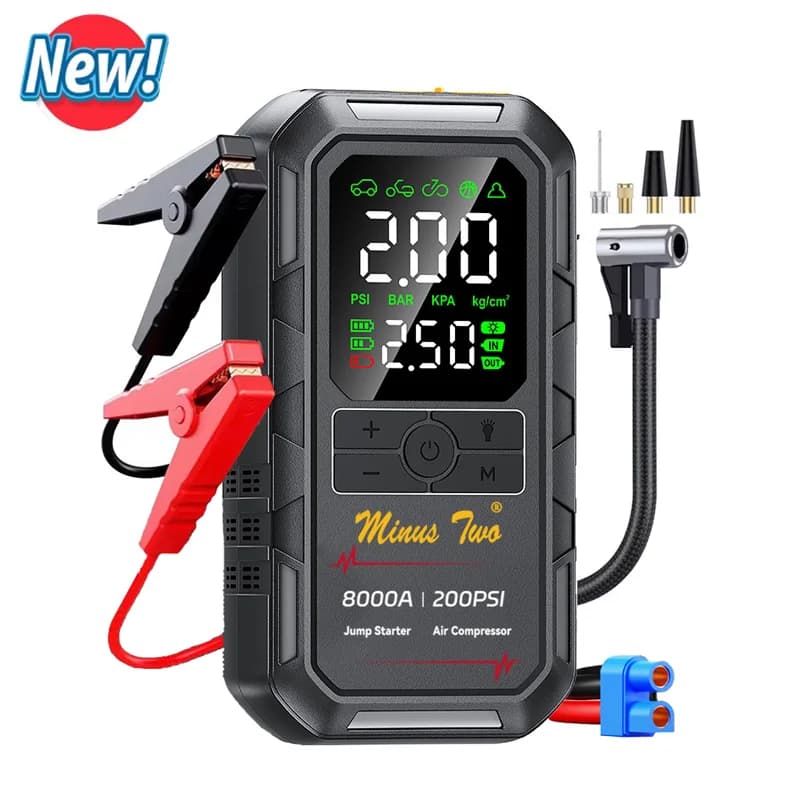 مبتدئ قفزة سيارة 8000A 200PSI مع ضاغط هواء منفاخ إطارات أوتوماتيكي، شاشة LCD كبيرة، إضاءة LED، للسيارات والدراجات النارية