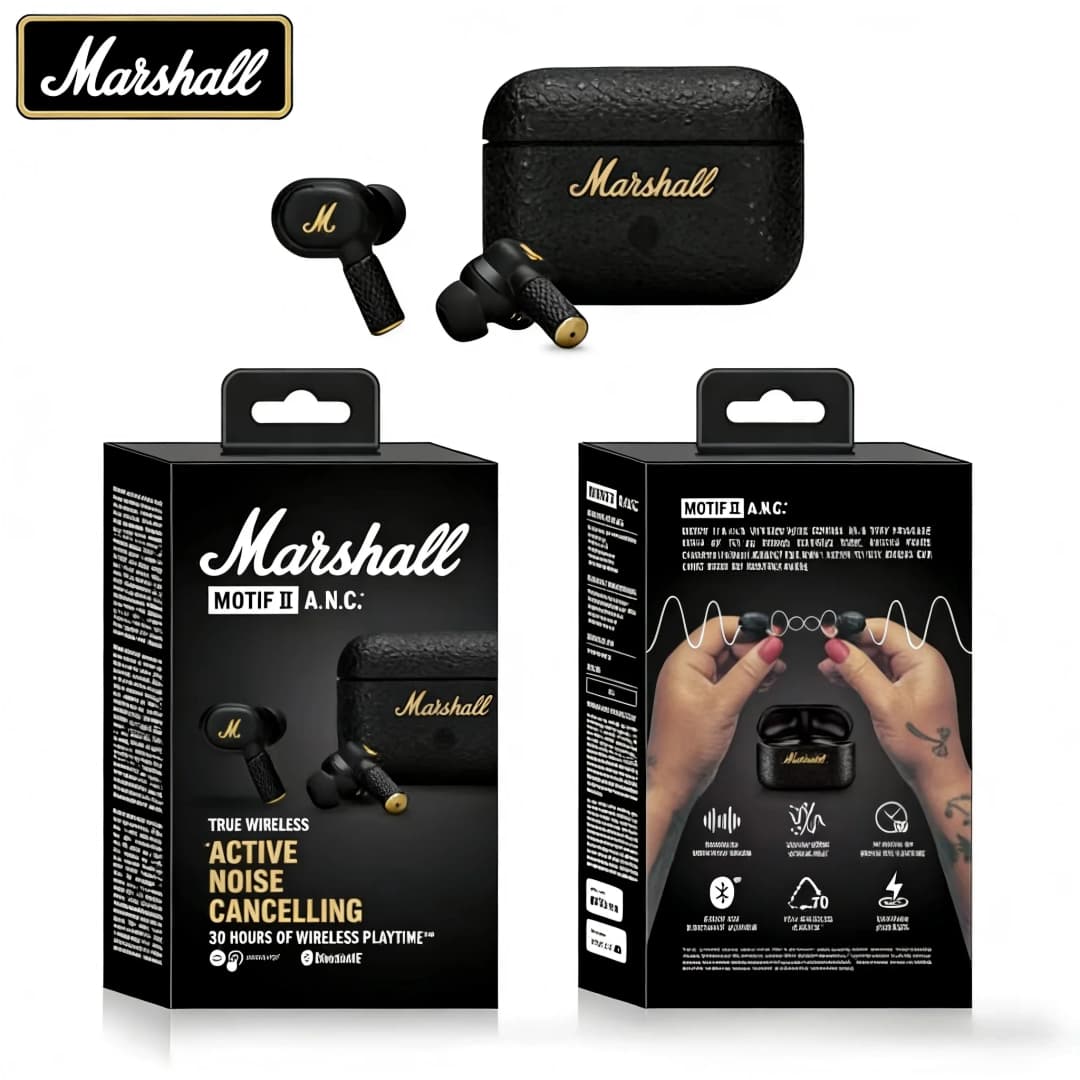 سماعات أذن Marshall MOTIF II 2 ANC لاسلكية بتقنية Bluetooth مع إلغاء الضوضاء النشط إصدار أسود وذهبي HK - 5