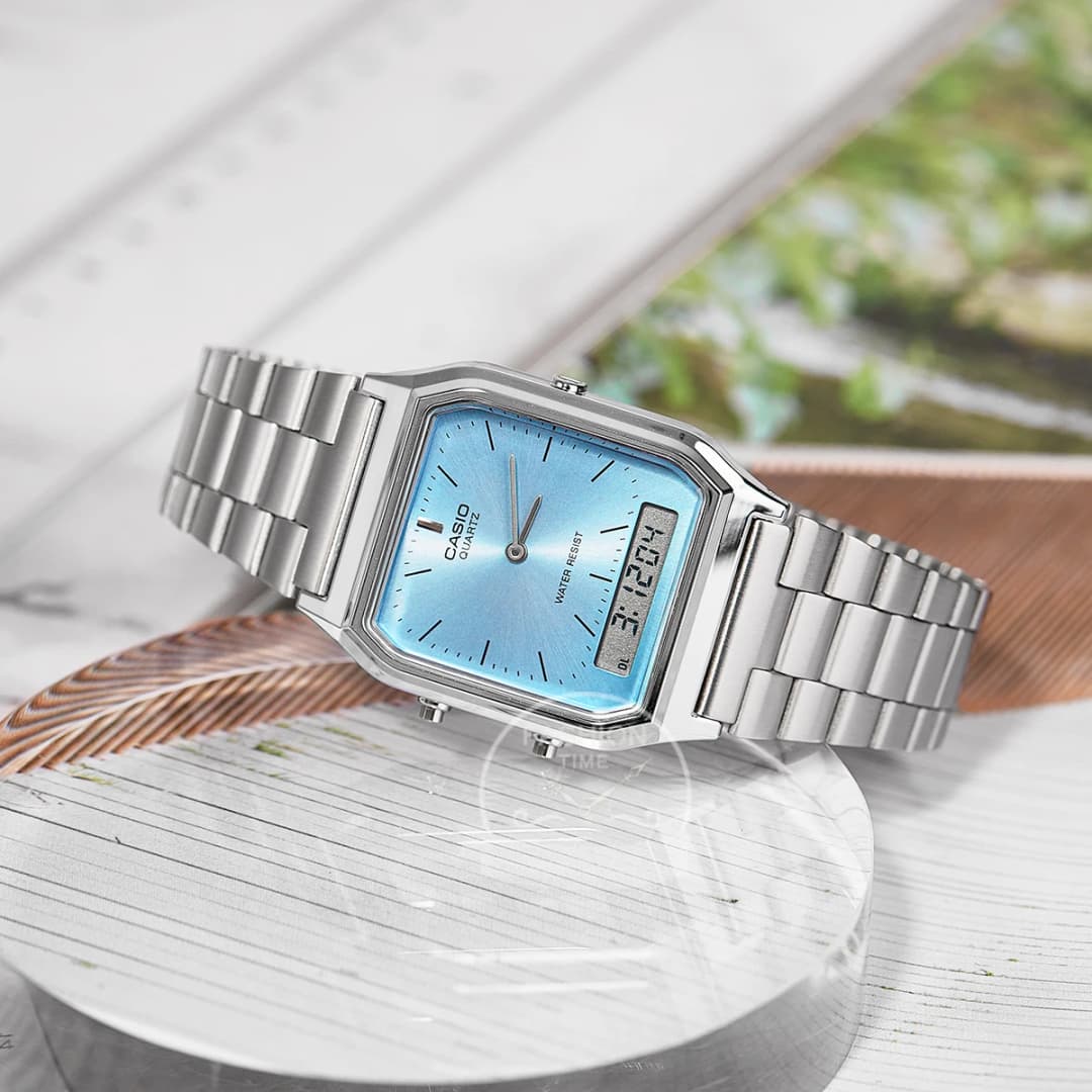 Casio Men's Watch Dual Display Screen Retro Style Personalized Dial Design Quartz Movement Water Resistant AQ-230A- - 3