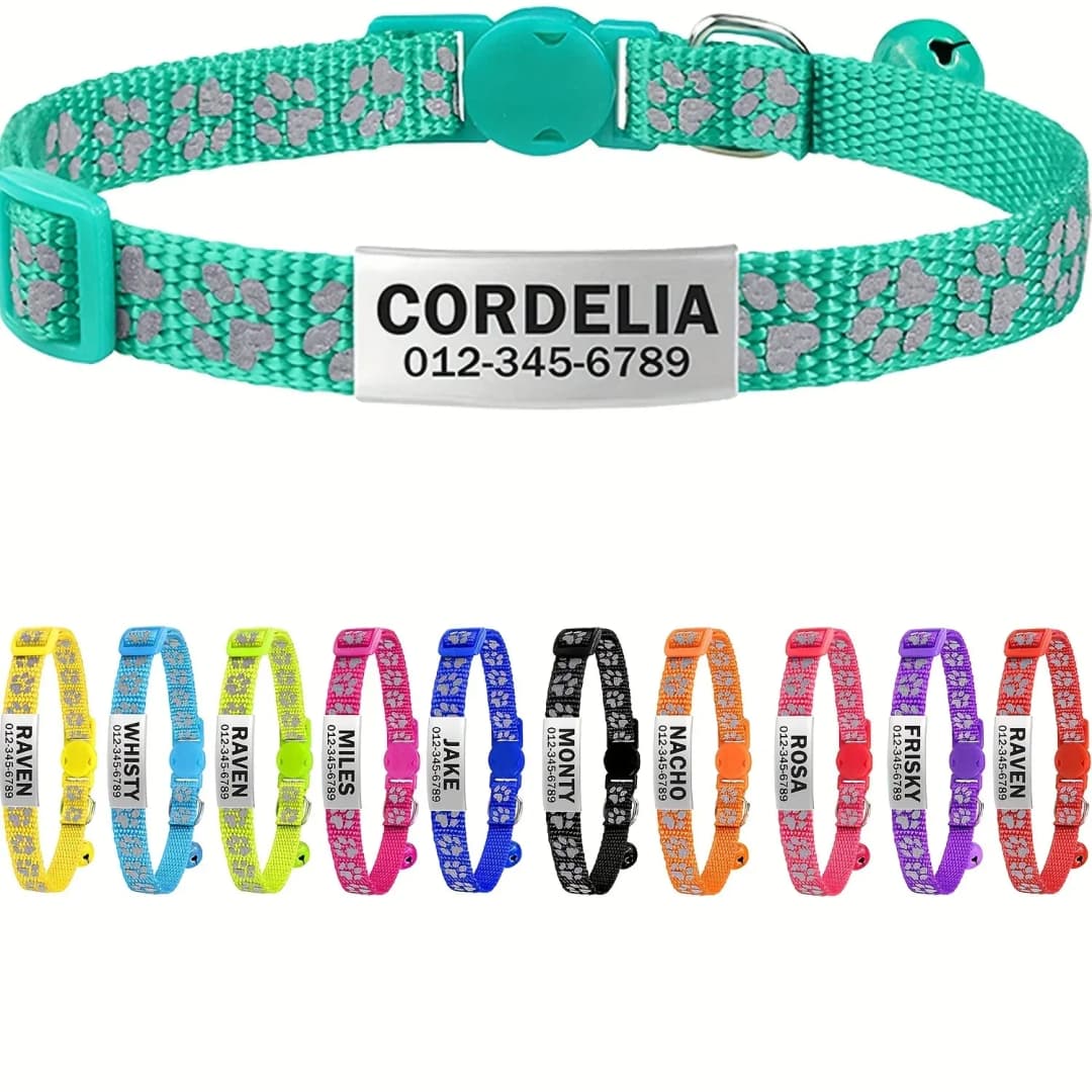 Custom Reflective Cat Collar - Personalized Name Tag & Bell Breakaway Adjustable Anti-Lost Design with Paw Print Collar for Cats
