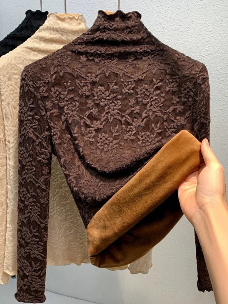 قميص دانتيل مبطن بالصوف للنساء ياقة عالية نصفية ملابس داخلية خريف شتاء دافئ مقاس كبير ستايل ضيق